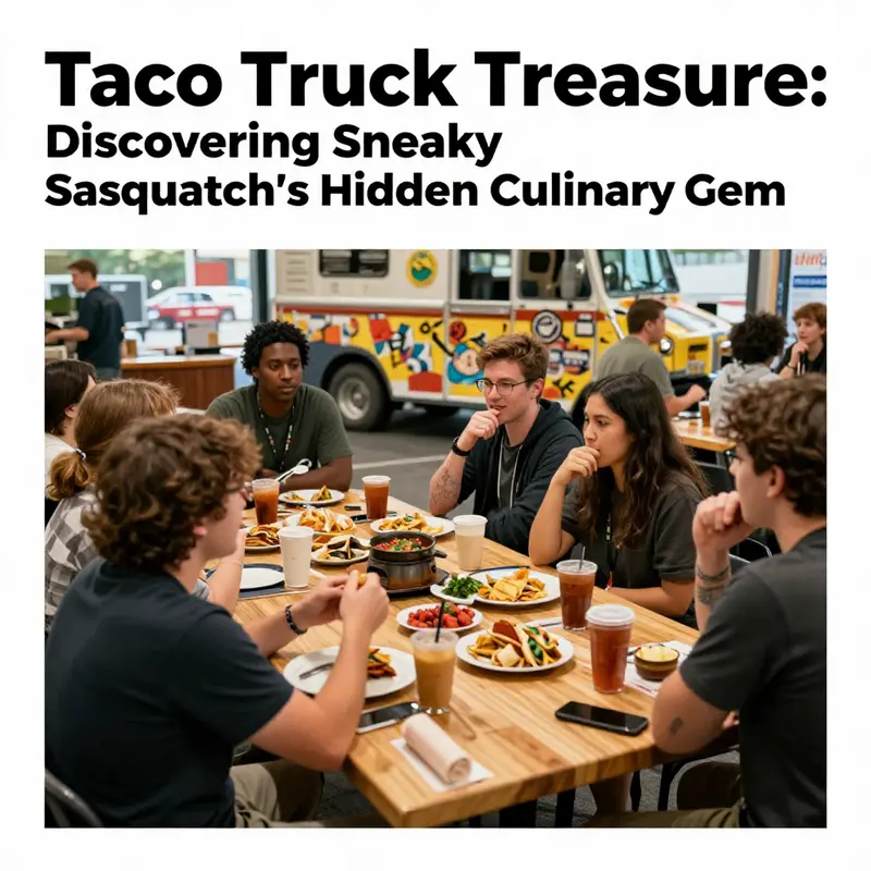 The vibrant downtown area of Sneaky Sasquatch, showcasing the bustling Taco Truck surrounded by eager players.
