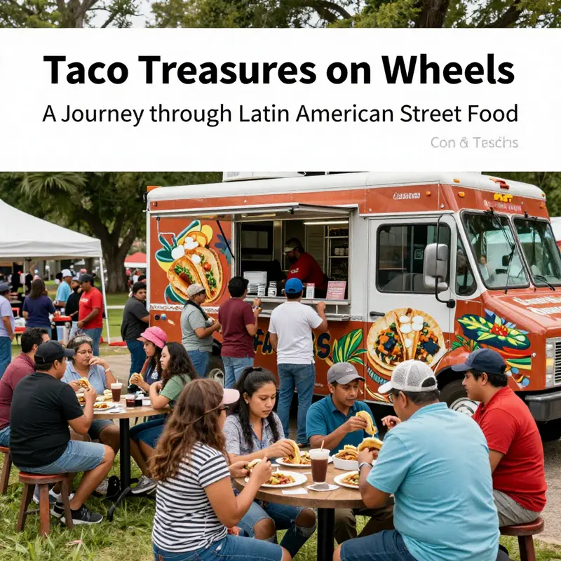 A food truck surrounded by diverse patrons enjoying Latin American cuisine, reflecting the cultural importance of street tacos.