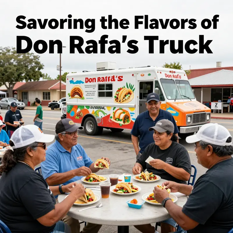 The lively culinary scene at Don Rafa’s Taco Truck, showcasing a variety of authentic tacos and joyful diners.