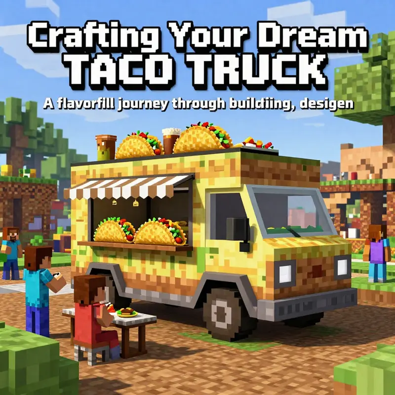 A completed taco truck in Minecraft surrounded by players and villagers, creating a lively food truck atmosphere.