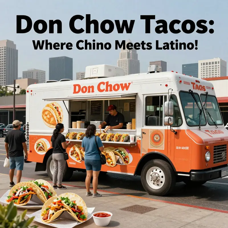 The Don Chow Tacos food truck in Los Angeles, serving customers with an array of fusion tacos, capturing the essence of LA's street food scene.