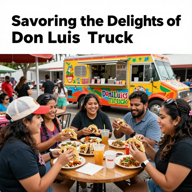 A lively and colorful scene of customers enjoying food at Don Luis Taco Truck, depicting the vibrant community atmosphere.