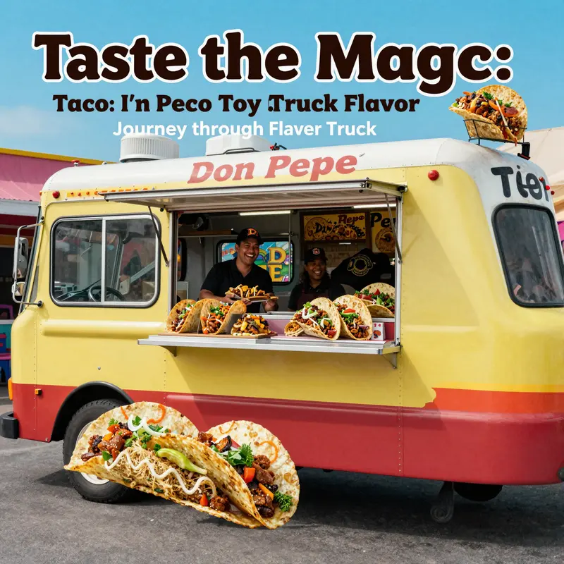 A colorful taco truck surrounded by happy customers, showcasing the delicious food and community vibe.