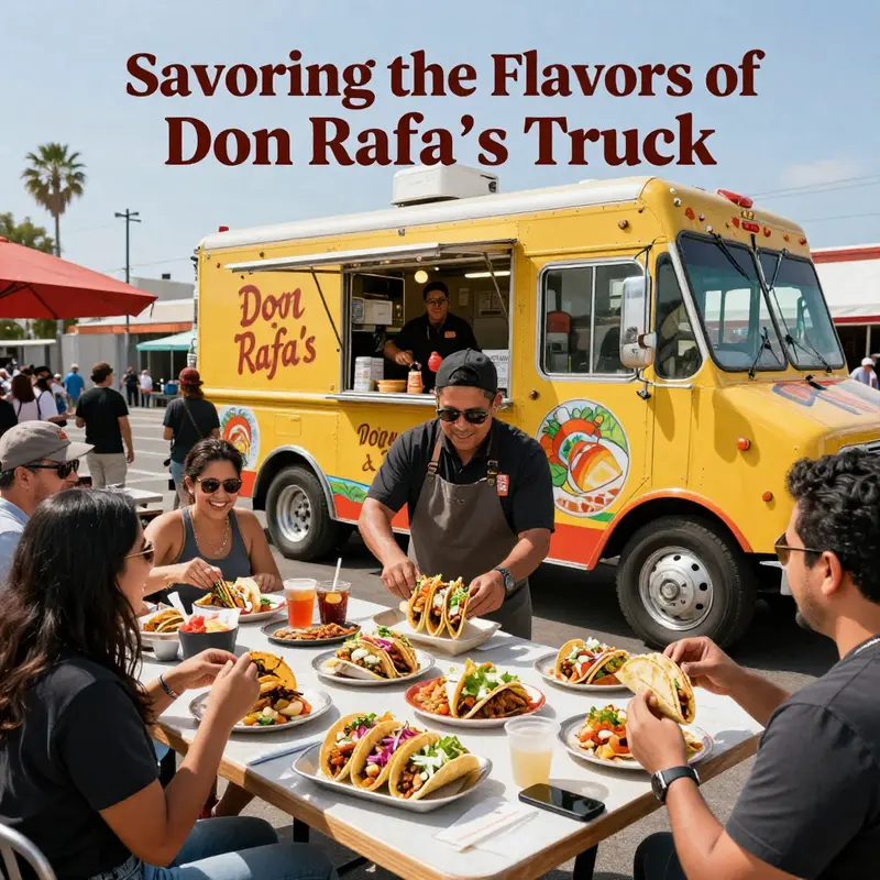 The lively culinary scene at Don Rafa’s Taco Truck, showcasing a variety of authentic tacos and joyful diners.