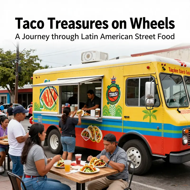 A food truck surrounded by diverse patrons enjoying Latin American cuisine, reflecting the cultural importance of street tacos.