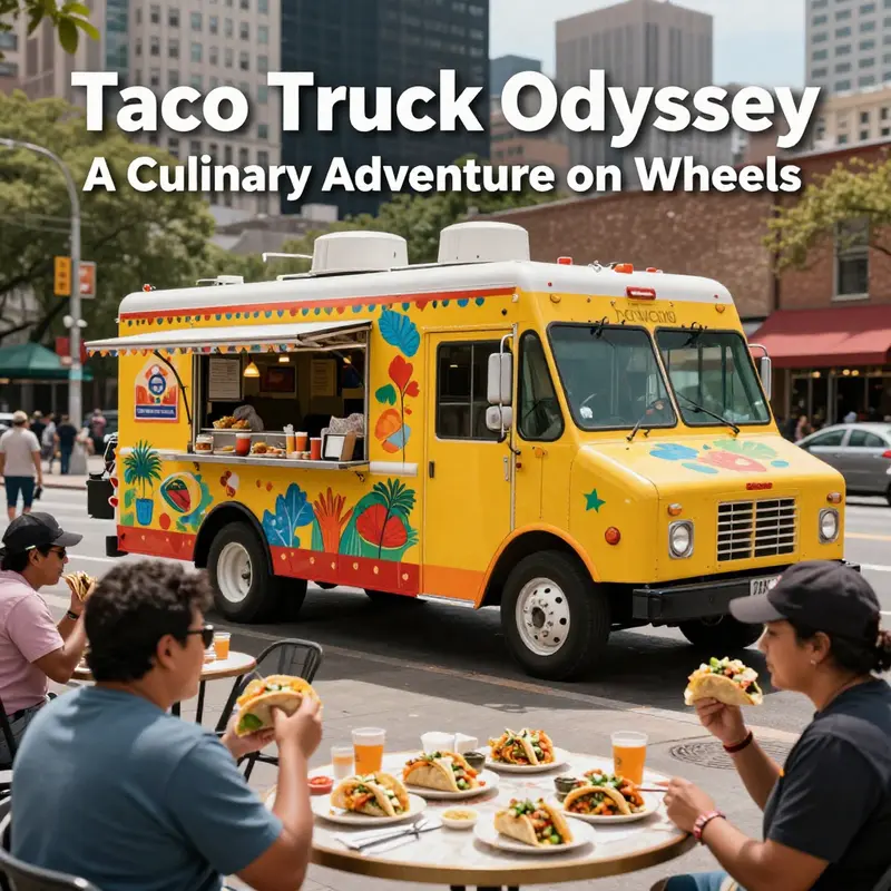 A taco truck amidst bustling urban life, showcasing its role in community and culture.