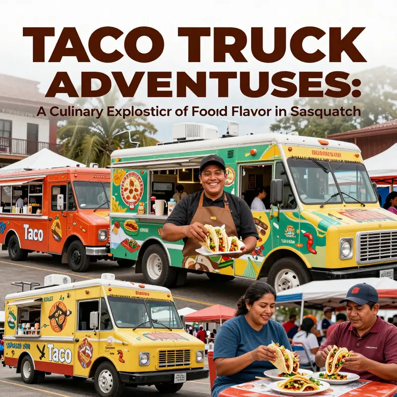 A vibrant scene filled with taco trucks and the famed ARGO Sasquatch XTX vehicle representing the adventure of taco hunting.