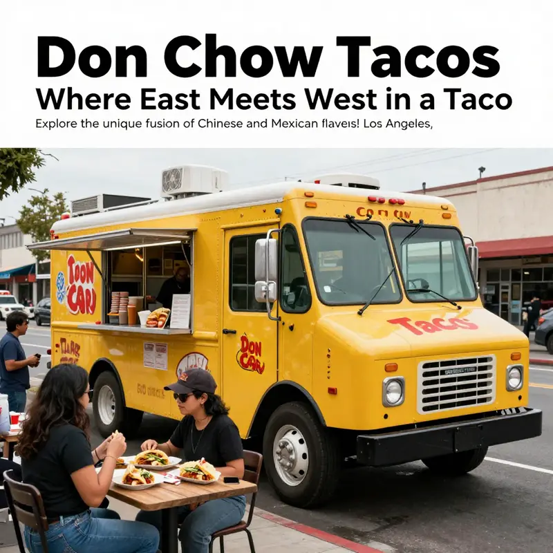 The Don Chow Tacos Truck bustling with activity in Los Angeles, capturing customers enjoying the fusion of Chinese and Mexican cuisines.
