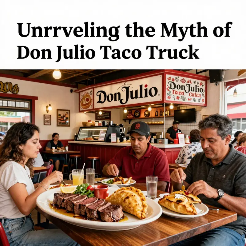 A lively street scene showcasing the essence of food truck culture, highlighting the fictional Don Julio Taco Truck.