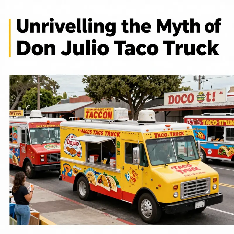 A lively street scene showcasing the essence of food truck culture, highlighting the fictional Don Julio Taco Truck.