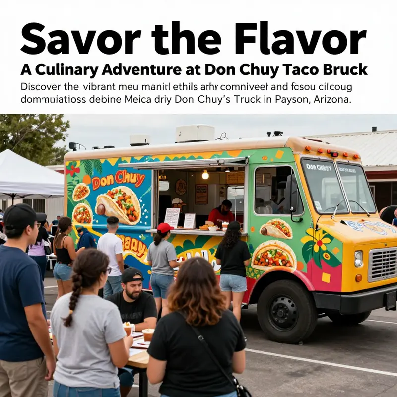 A lively image of Don Chuy Taco Truck at an event, showcasing the vibrant food and happy customers.