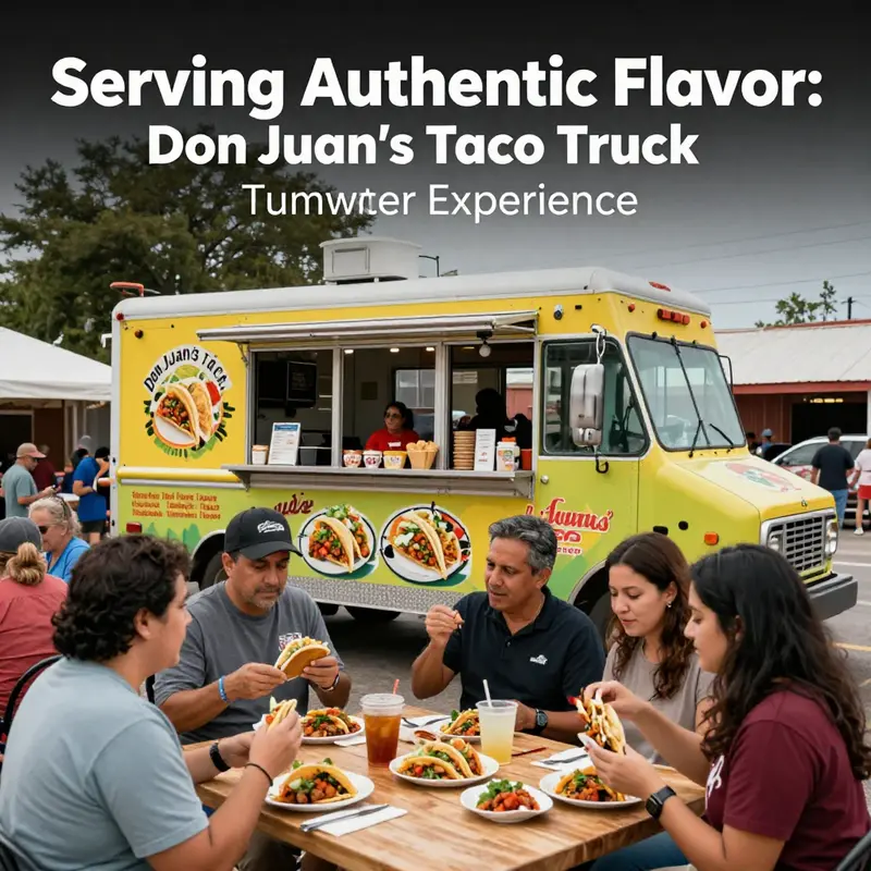 A lively outdoor setting with people enjoying their meals at Don Juan's Taco Truck, symbolizing community and culinary delight.
