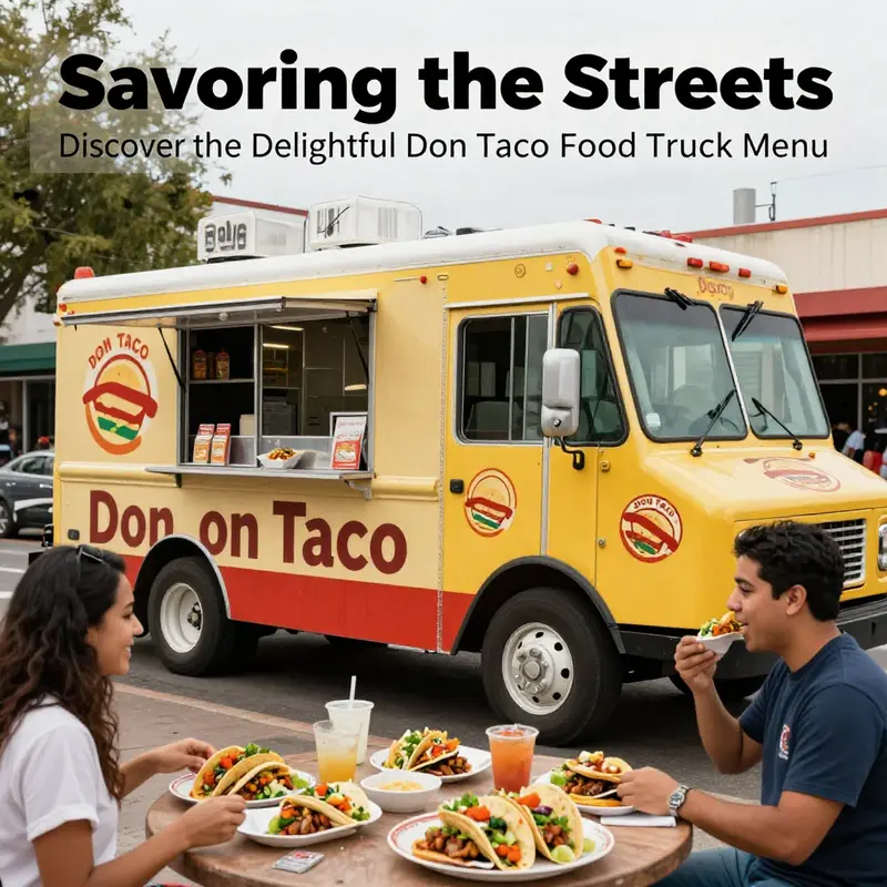 A colorful food truck serving tacos in a busy urban area, showcasing the lively atmosphere and diverse menu.