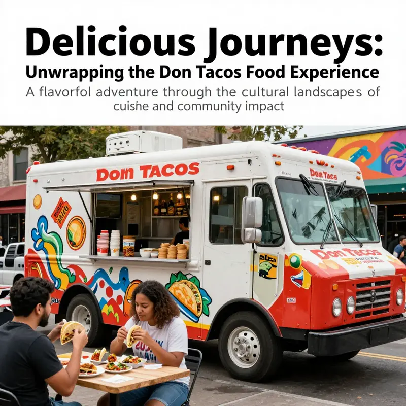 A lively scene of Don Tacos Food Truck with patrons enjoying tacos in a vibrant urban environment, showcasing street culture.