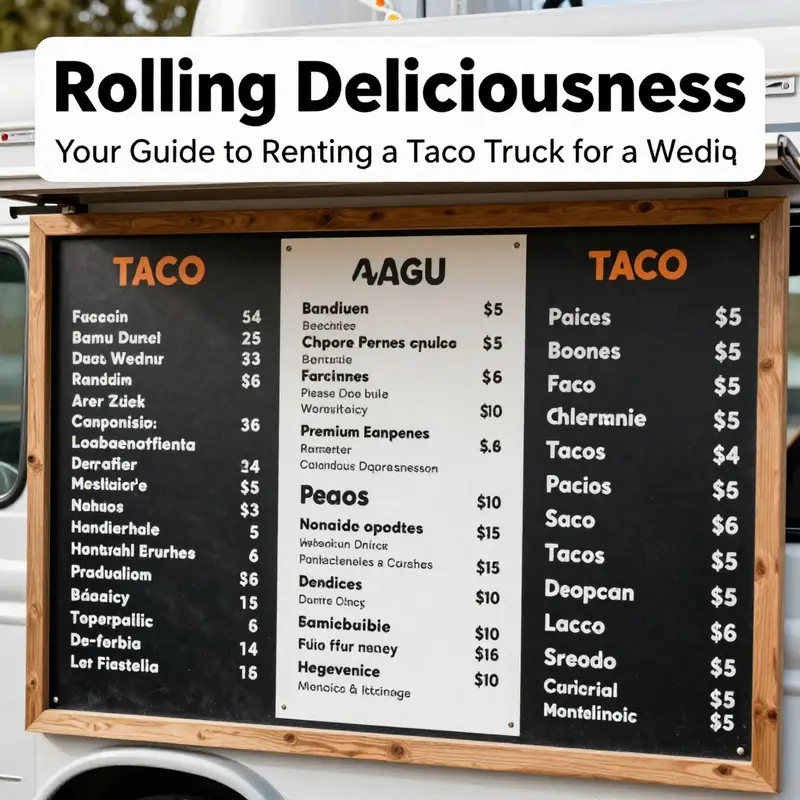 A captivating taco truck set up at a wedding, showcasing a blend of savory food and festive atmosphere.