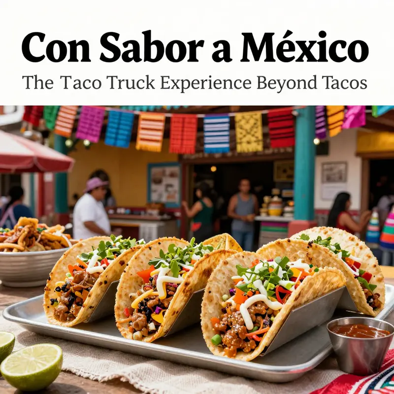A vibrant display of tacos and decorations symbolizing Mexican culture in a lively street food setting.