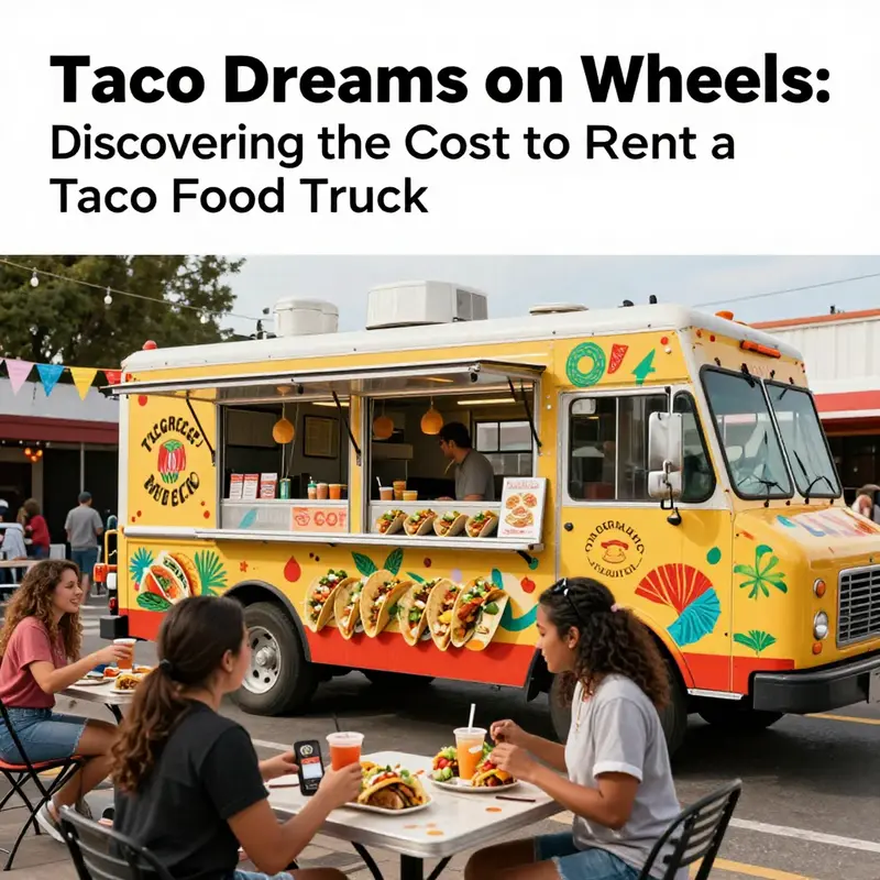 A taco food truck surrounded by happy customers, showcasing a festive taco-themed atmosphere.