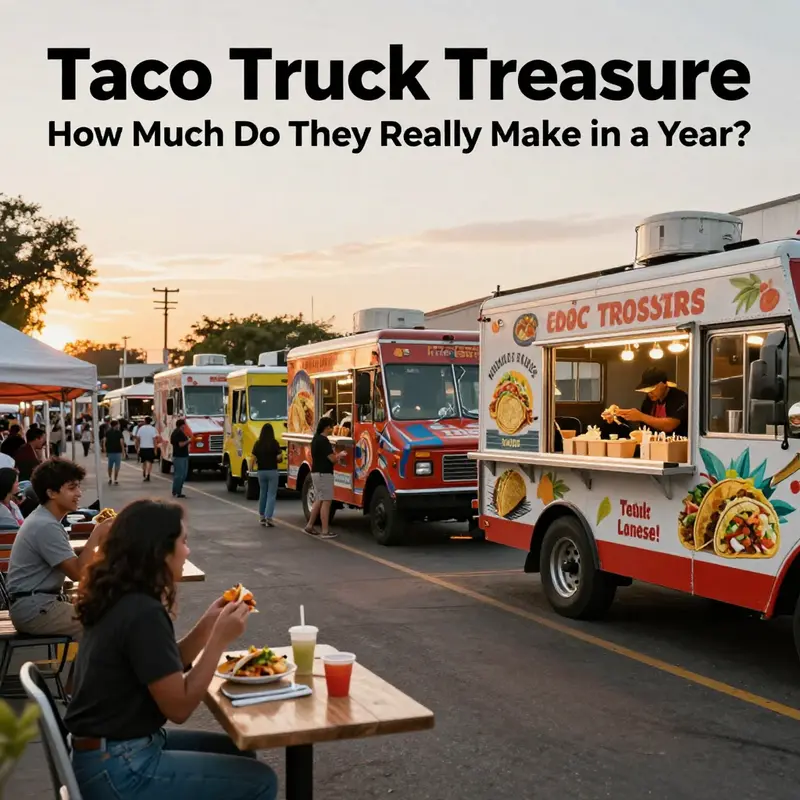 A lively street scene with various taco trucks and delighted customers enjoying their meals under a sunset.