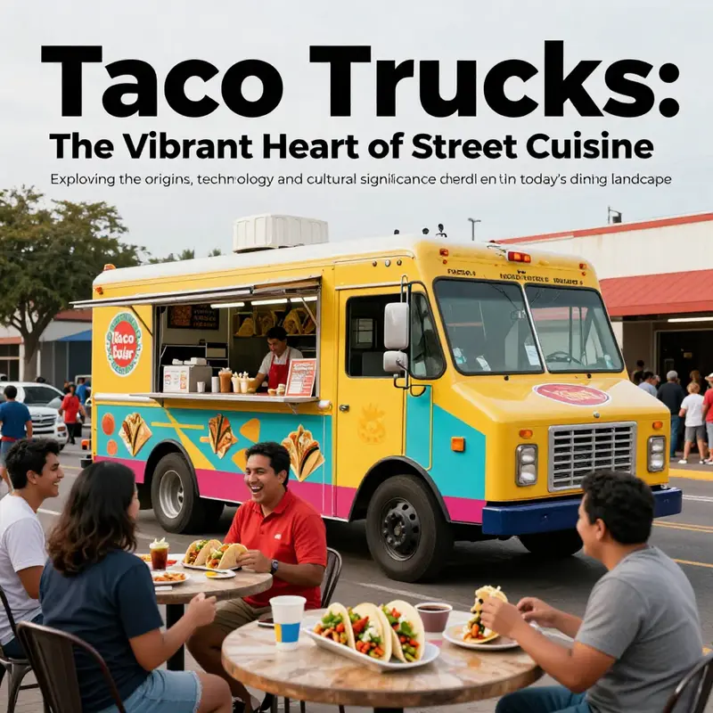 A colorful taco truck serving happy customers in a bustling street environment.