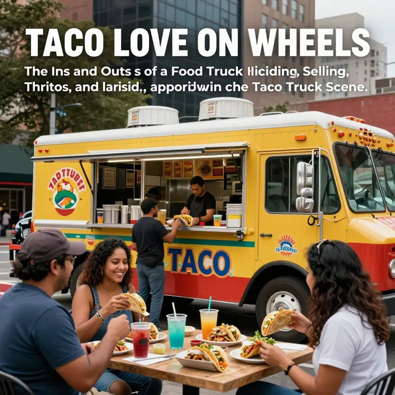 A vibrant food truck with customers savoring tacos and drinks against a colorful city backdrop.