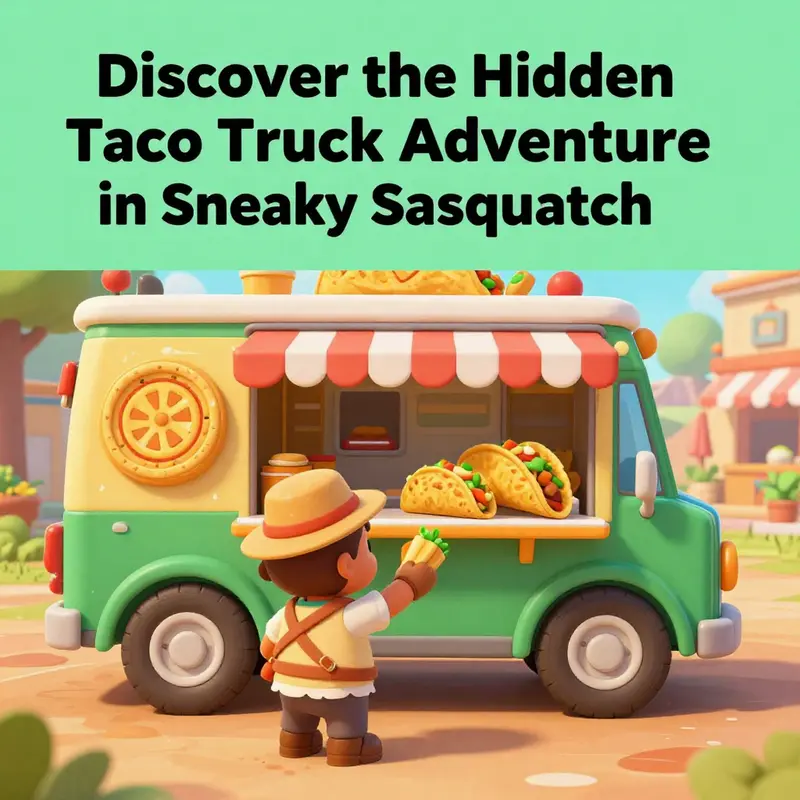 The vibrant taco truck sits situated by the lake in Lakeside Park, inviting players to indulge in tacos.