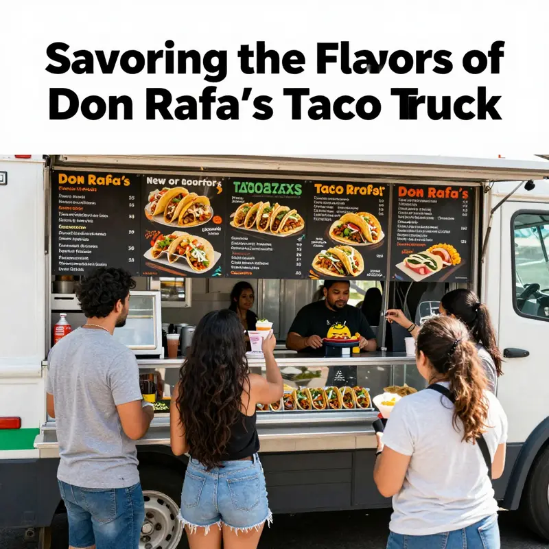 The lively culinary scene at Don Rafa’s Taco Truck, showcasing a variety of authentic tacos and joyful diners.