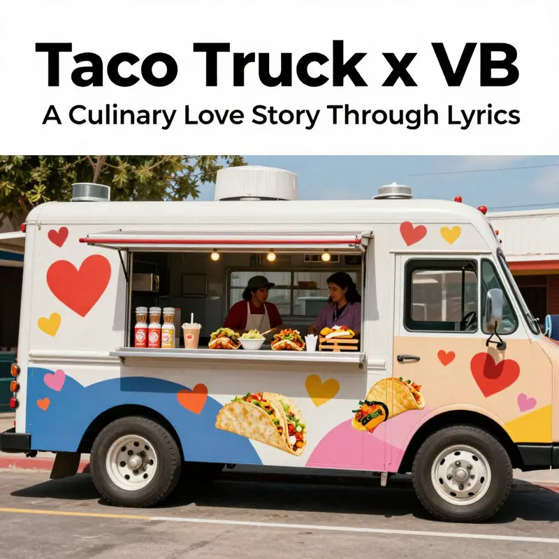 This artwork illustrates the intertwining of love and identity within the context of a bustling taco truck atmosphere.