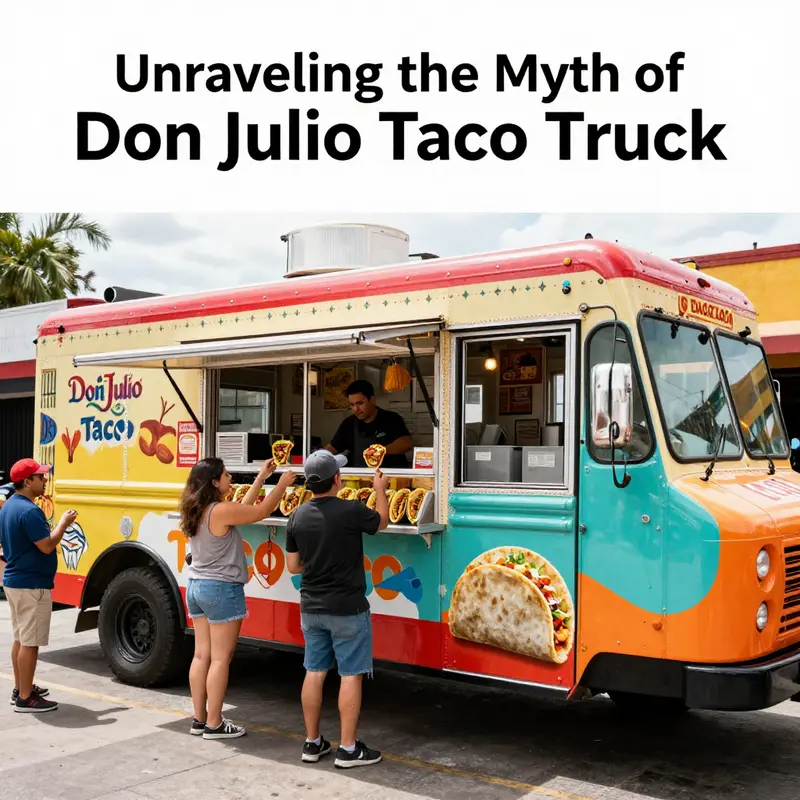A lively street scene showcasing the essence of food truck culture, highlighting the fictional Don Julio Taco Truck.