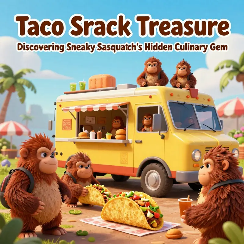 The vibrant downtown area of Sneaky Sasquatch, showcasing the bustling Taco Truck surrounded by eager players.