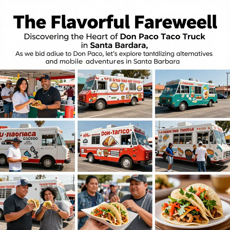 A collage depicting people enjoying tacos from various trucks in Santa Barbara.