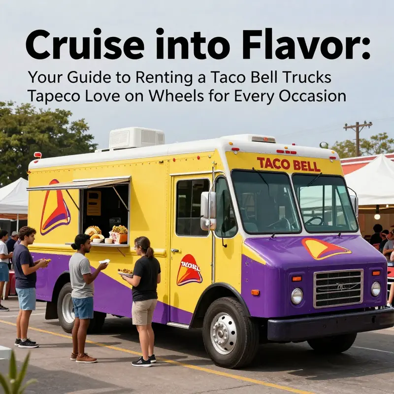 A Taco Bell food truck at a lively outdoor event, surrounded by happy customers enjoying tacos.