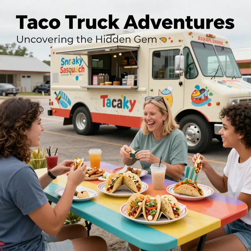 A vibrant outdoor taco feast scene celebrating the Taco Truck experience in Sneaky Sasquatch.