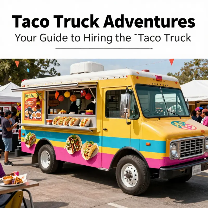 A colorful taco truck at an event with customers enjoying a variety of tacos.
