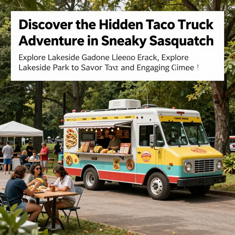 A lively taco truck in the scenic Lakeside Park, brimming with activity as players enjoy tacos amidst nature.