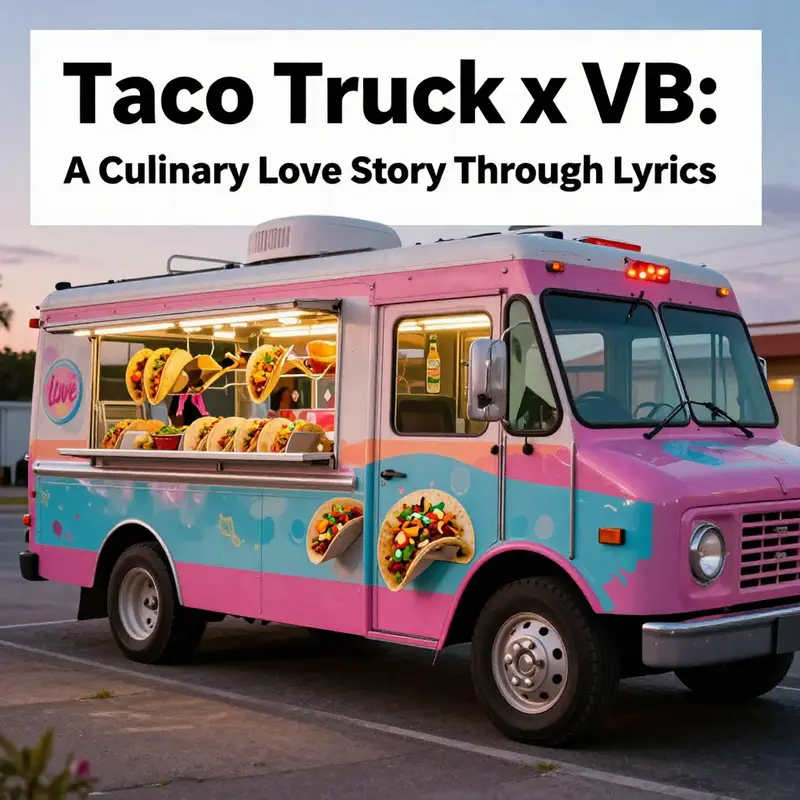 A whimsical taco truck at twilight, complete with vivid tacos and warm lighting, representing love's beautiful complexities.