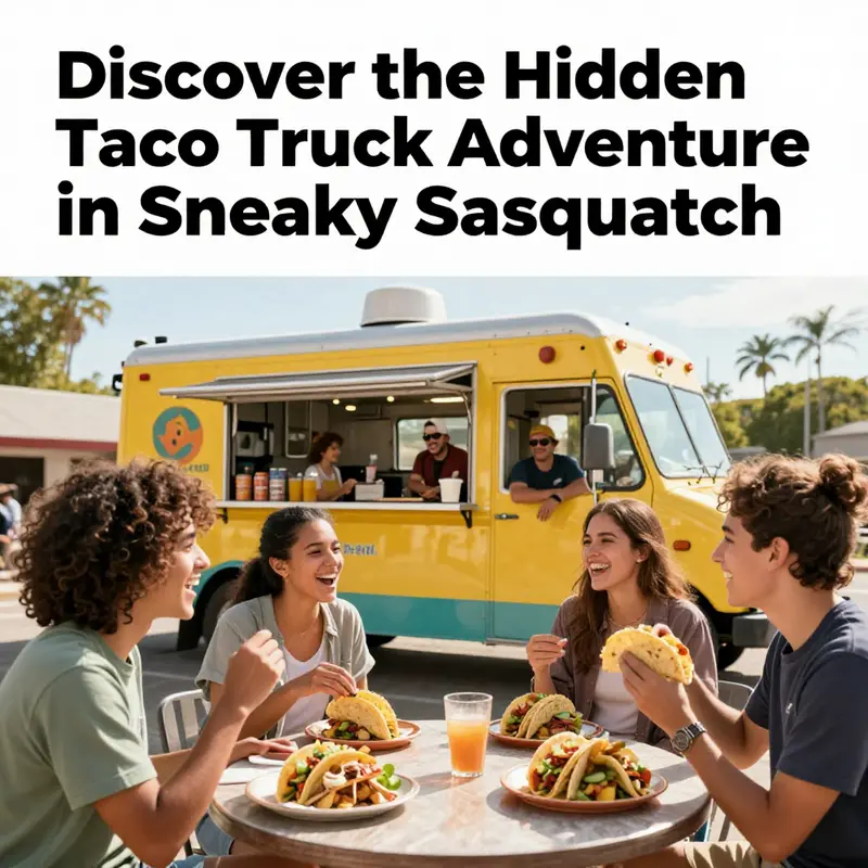 The vibrant taco truck sits situated by the lake in Lakeside Park, inviting players to indulge in tacos.