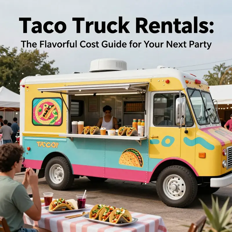 A cheerful scene featuring a taco truck at an event, with guests enjoying various taco selections in a festive environment.