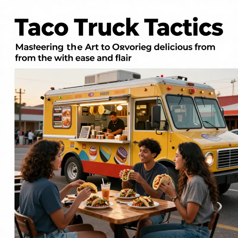 A scenic view of a taco truck at sunset with happy customers around.