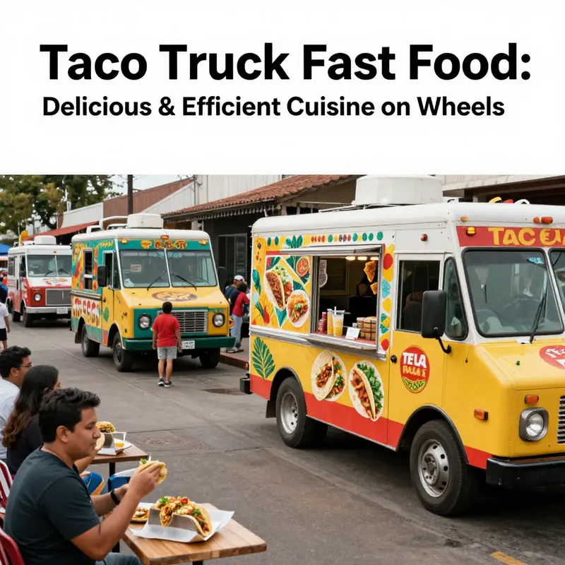 A vibrant scene featuring multiple taco trucks and customers enjoying diverse Mexican cuisine in a festive setting.