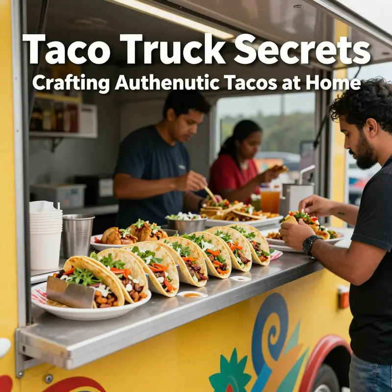An eye-catching display of various tacos on a food truck countertop, with people enjoying their food.