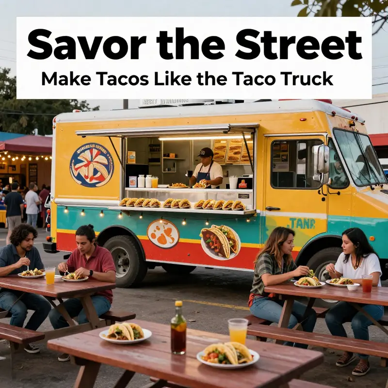 A taco truck scene showcasing people enjoying tacos in a festive outdoor setting.