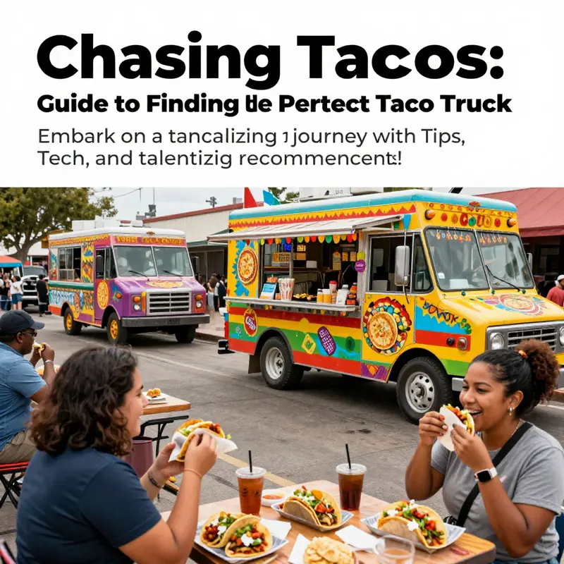 A lively scene featuring various taco trucks with customers enjoying tacos in a bustling street.