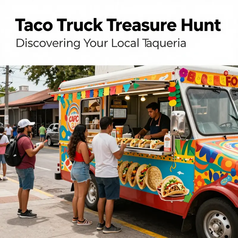 A bustling taco truck on a street, serving a diverse crowd with delicious taco options.