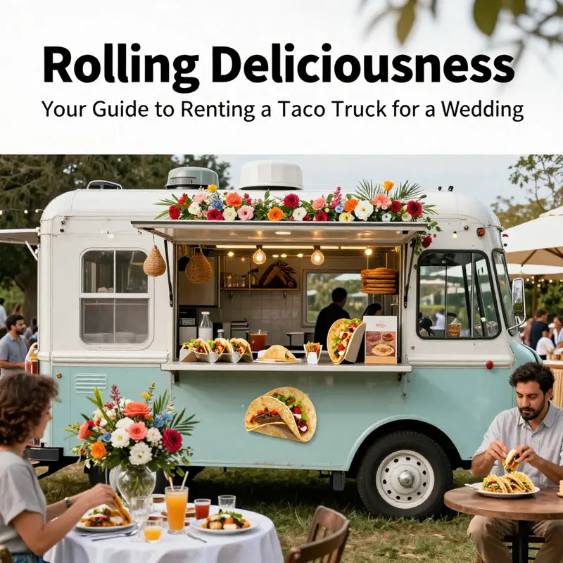 A captivating taco truck set up at a wedding, showcasing a blend of savory food and festive atmosphere.