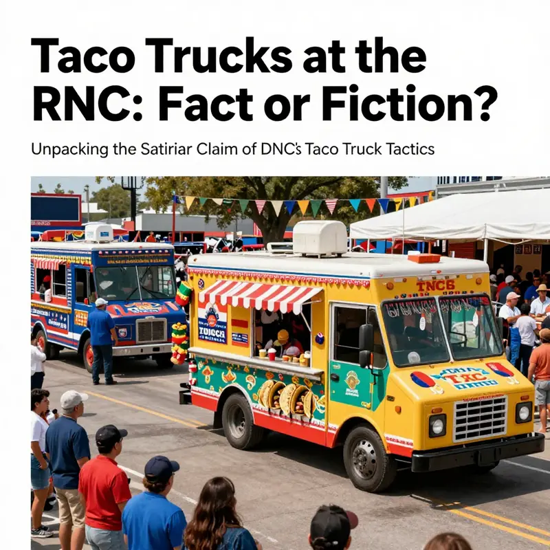 A vibrant scene of taco trucks and people at a political convention.