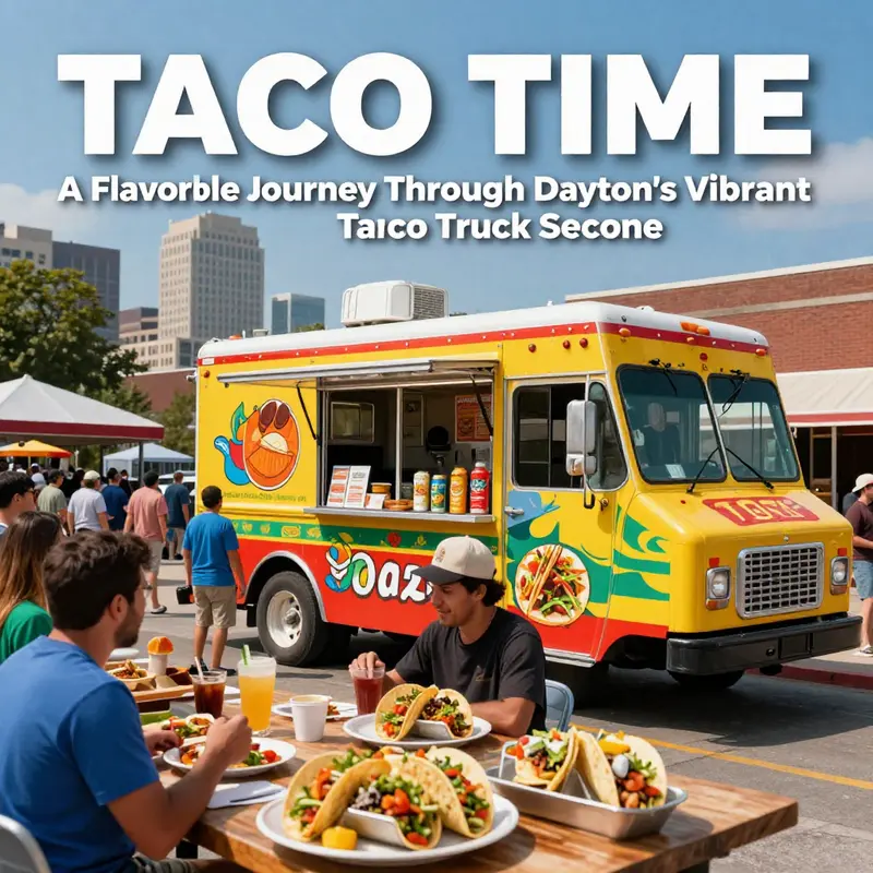 Vibrant taco food truck serving tacos amidst a lively crowd in Dayton, Ohio.
