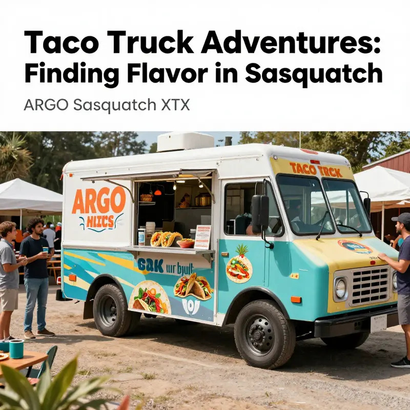 A colorful taco truck surrounded by joyful customers, highlighting the appeal of exploring food adventures.