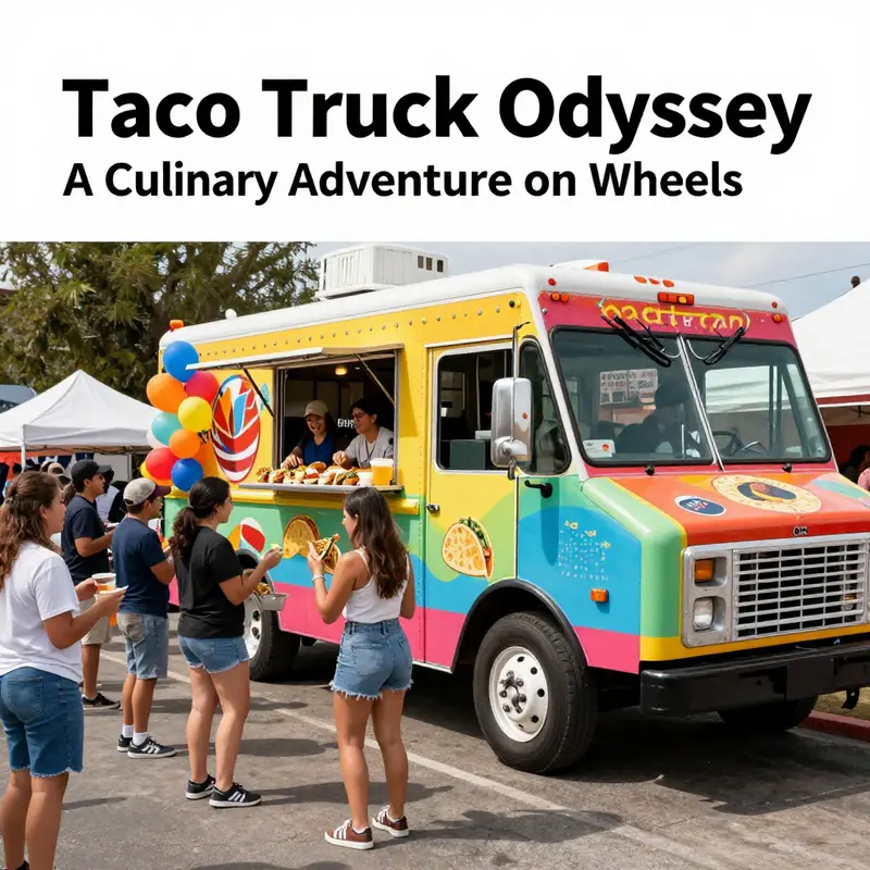 A busy taco truck serving happy customers at a community event.