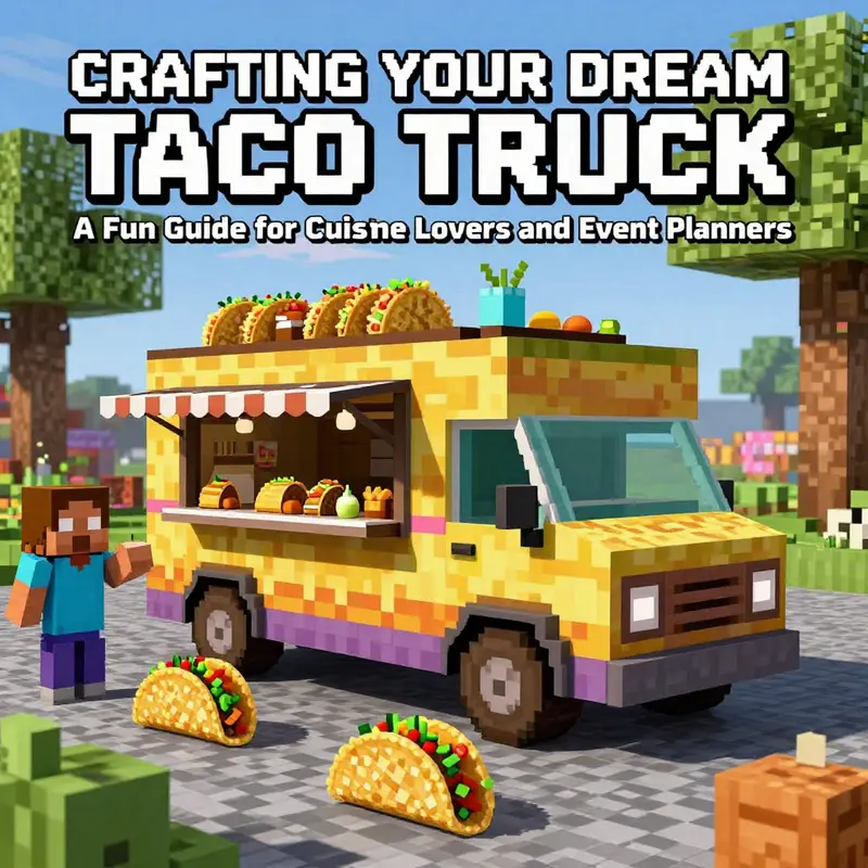 A fully built taco truck in Minecraft with players enjoying tacos in a colorful, lively setting.