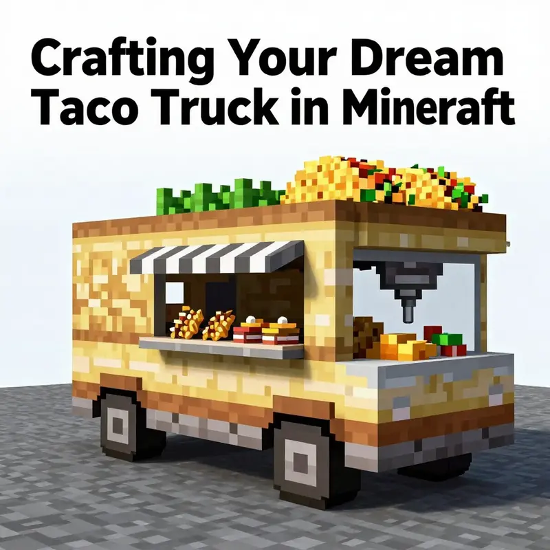 A step-by-step visual representation of constructing a taco truck in Minecraft, highlighting vibrant colors and fun details.